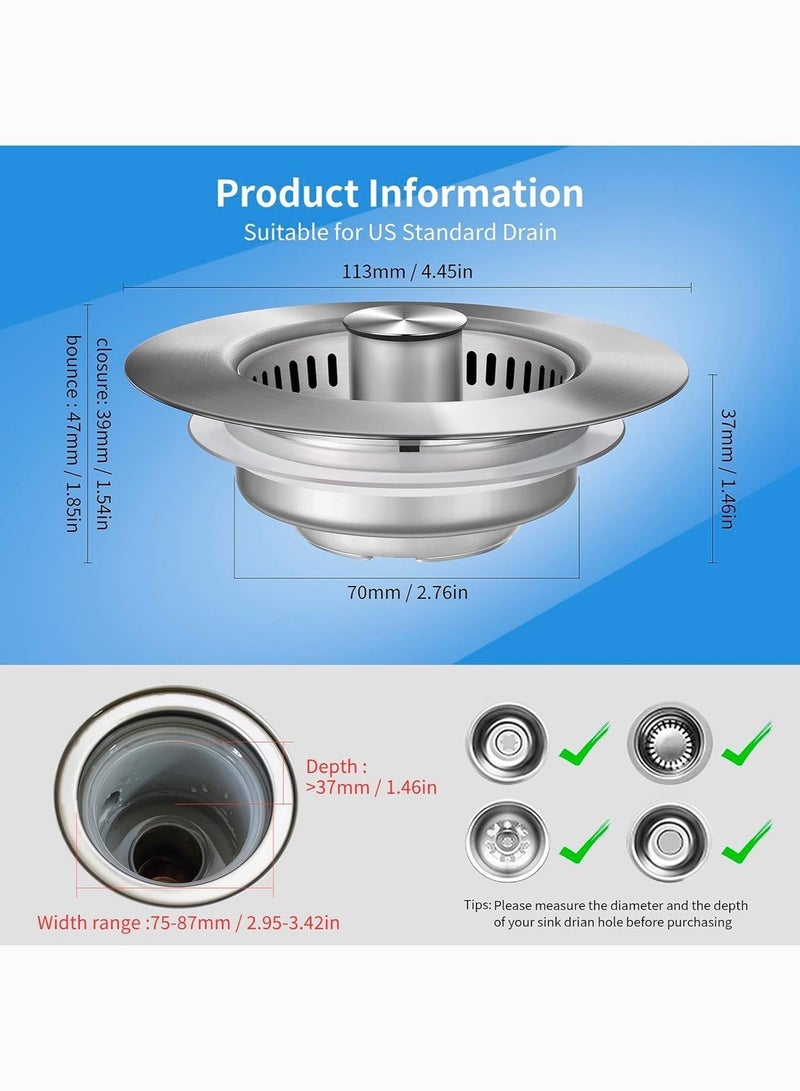 Joybos Sink Drain Filter - 3-in-1 Kitchen Sink Drain Filter and Plug, 304 Stainless Steel Spring-Loading Anti-Clogging Basket Filter, Fast Drain Kitchen Sink Plug for Standard 3-1/2 Inch Drain Holes/7.5-8.7 cm Sink Drains - Image 4